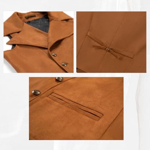 Ceehuteey Mens Suit Suede Double Breasted Vest Classic Groomsmen Wedding Waistcoat Leather Big Lapel(XL,Coffee), Large - Thumbnail 5