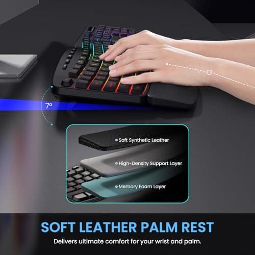 COLIKES Wireless Ergonomic Keyboard, Backlit Keyboard Silent with 15 RGB Lighting Effects, Leather Wrist Rest, 2500mAh Rechargeable, Multimedia Keys, Wave Keyboard for PC Computer Laptop Windows Mac - Thumbnail 2