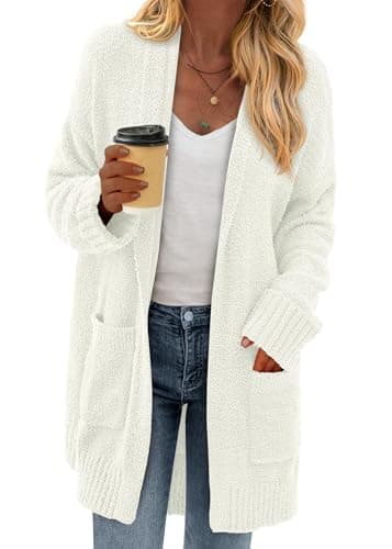 KIRUNDO Cardigan Sweaters for Women 2026 Fall Chunky Fuzzy Knit Open Front Loose Long Sleeve Sweater Coats Winter Clothing(White, Large) - Image 1