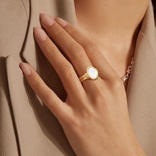 Sistble Gold Rings for Women Birthday Gifts Chunky Gold Rings Size 7 Opal Signet Pink Ring for Women Band Statement Jewelry Anniversary Christmas Gifts Stocking Stuffers for Teens - Thumbnail 2