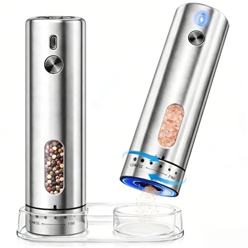 Electric Salt and Pepper Grinder Set, Rechargeable Automatic Salt and Pepper Shakers Mills, 110ml Large Capacity, Stainless Steel, Adjustable Coarseness, LED Light & Base, Ideal for Kitchen & Gifts