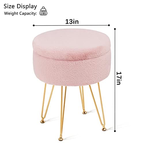 Cplxroc Ottomans Round Faux Fur Ottoman with Storage Footstools Vanity Chair Coffee Table Ottoman for Living Room (Pink) - Thumbnail 3