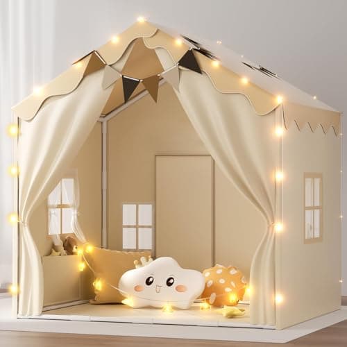 EagleStone 2-in-1 Kids Tent,Large Play Tent with Padded Mat and Lights,Kids Playhouse with 2 Doors & 4 Windows,2 Large Side Pockets,Indoor Outdoor Kid Play Tent for Toddlers,53" x40" x 51"