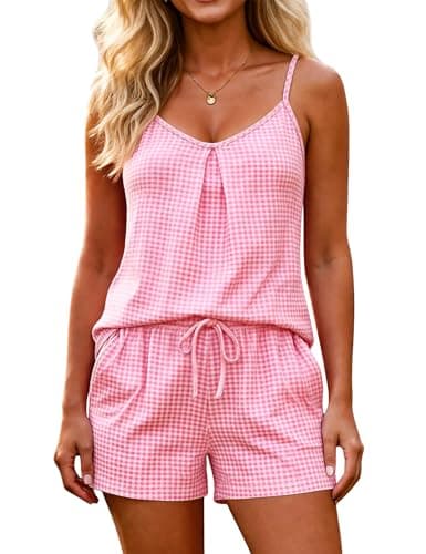 Marvmys Vintage Pajama Sets for Women 2 Piece Lounge Sets Shorts Summer Sweet Pj Sets with Pockets Pink Plaid XL - Image 1