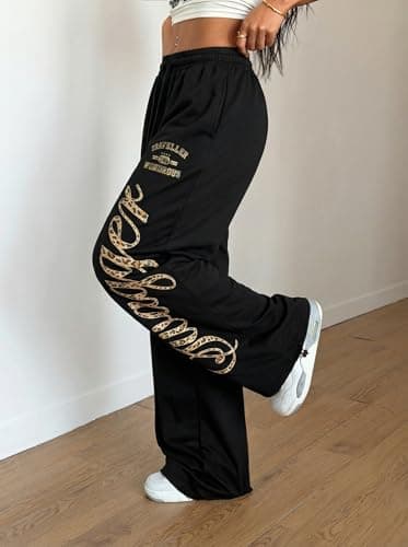 ZAFUL Womens Wide Leg Sweatpants Y2K Gothic Graffiti High Waisted Lounge Pants Athletic Joggers Pants with Pockets 7-Black&Leopard Black XXL - Thumbnail 3