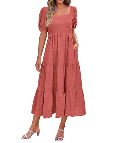 PRETTYGARDEN Women's Summer Dresses 2026 Puff Sleeve Square Neck High Waist Smocked A-Line Flowy Loose Fit Midi Dress(Bean Paste Pink,XX-Large)