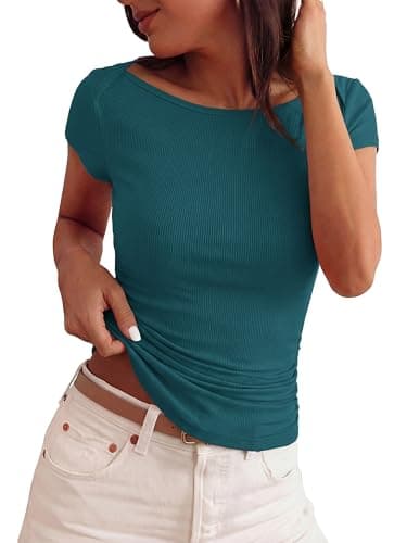 BTFBM Womens Summer Tops 2026 Ribbed T Shirts Crew Neck Short Sleeve Stretchy Ruched Slim Fit Workout Going Out Top(Lake Blue, XX-Large) - Image 1