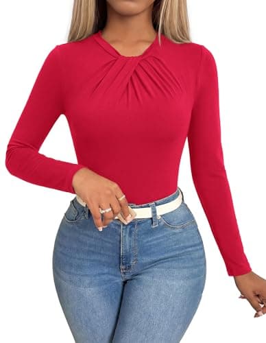 KIRUNDO Long Sleeve Tops for Women Business Casual Outfits Slim Fitted Knit Twist Knot Work Office Shirt Blouse Going Out Top(Red, Medium) - Image 1
