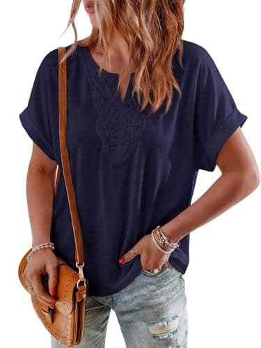 PRETTYGARDEN Short Sleeve Tops for Women Trendy Summer Lace Front V Neck Casual Shirts Women Boho Classy Going Out Top (Navy Blue, Small) - Image 1