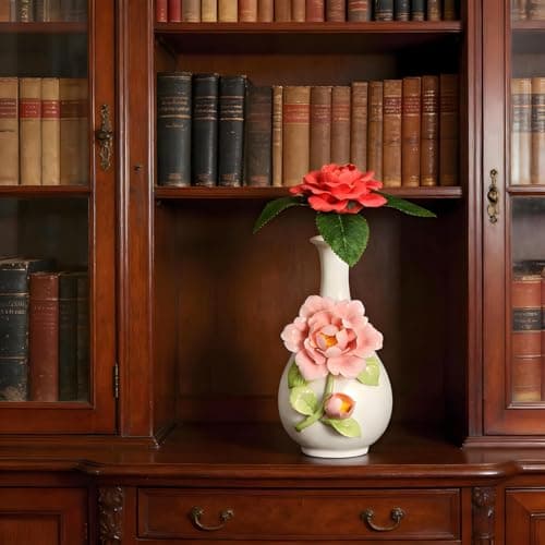 Handmade Pinched Flowers Ceramic Vase with One Ceramic Rose Flower, Home Decor Ceramic Vase for Dining Table, Living Room, Kitchen, Bedroom, Shelf, Office, Coffee Table, Restaurant & Fireplace Mantel - Thumbnail 2
