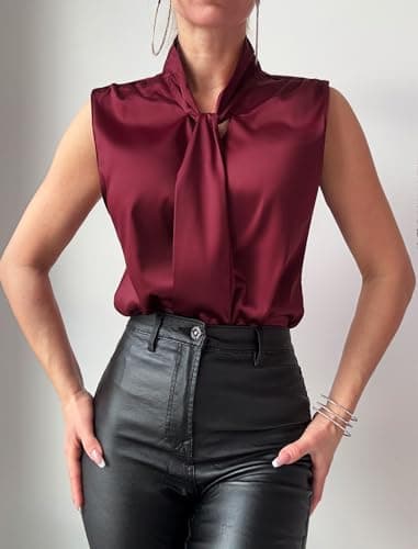 ZAFUL Women's Silk Satin Tank Tops Bow Tie Knot Mock Neck Casual Sleeveless Blouses Summer Basic Tanks Shirt Wine Red XL - Thumbnail 2