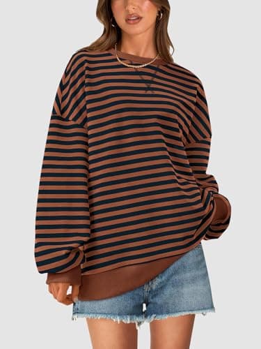 PRETTYGARDEN Women Striped Oversized Sweatshirt Color Block Crew Neck Long Sleeve Casual Pullover Top Spring Y2K Clothes (Brown Navy, Small) - Thumbnail 3