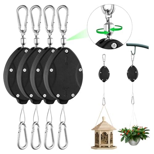 4 Pack Heavy Duty Retractable Plant Hangers, Adjustable Pull-Down Pulleys with 63" Stainless Steel Rope, Double Hooks for Hanging Plants, Bird Feeders, Planters & Pots, Indoor & Outdoor Use