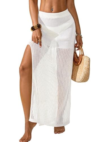 BreathSunny Womens Crochet Knit Elastic Waist Swimsuit Coverup Summer 2026 Trendy Outfits Hollow Out Sheer Side Slit Mesh Swimwear Coverups Beach Swim Bathing Suit Cover Up Maxi Skirt White L - Image 1