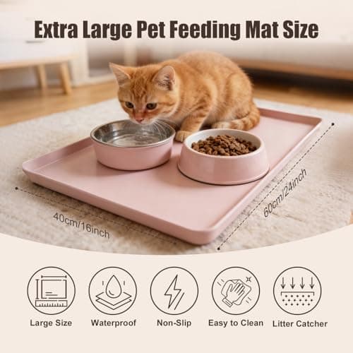 Large Cat Dog Food Mat, 24” X 16” Waterproof Silicone Pet Feeding Mat with Raised Edges, Non-Slip Dog Placemats for Food and Water Bowl, Spill-Proof Mat to Protect Floors, Pink - Thumbnail 2