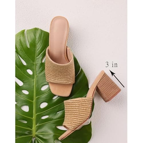 Ancomafio Women's Heeled Sandals Raffia Heels Square Open Toe Sandals Backless Mules Slip On Block Slides Brown Size 9 - Thumbnail 2