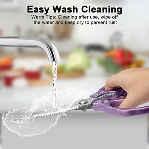 CGBE Kitchen Scissors All Purpose Heavy Duty, Ultra Sharp Stainless Steel Kitchen Shears Dishwasher Safe, Cooking Shears for Chicken, Poultry, Fish, Meat, Herbs & Grapes with Non-Slip Grips - Purple - Thumbnail 6