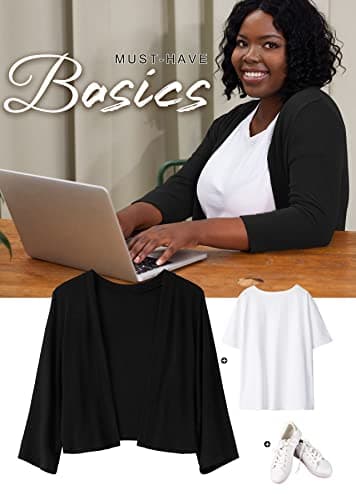 AusLook Plus Size Bolero Shrugs for Summer Dresses 3/4 Sleeve Black 4X Open Front Knit Lightweight Coat Cropped Tops Shawls and Wraps Cardigan Dressy Sweater Clothes - Thumbnail 3