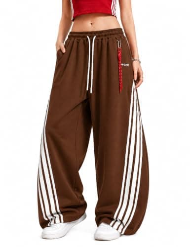 PPONE Women’s Y2K Barrel Sweatpants, 4-Stripe Baggy Wide Leg Pants, Mid Rise Streetwear Track Pants with Adjustable Cuffs and Drawstring Waist Brown - Image 1