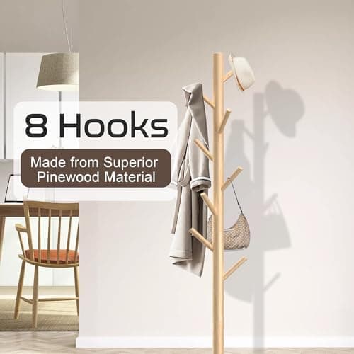 Aliphon Wooden Coat Rack Stand, Freestanding Coat Rack with 8 Hooks, 3 Adjustable Size Coat Tree for Hats, Coats, Scarves bags, Coat Hanger Stand Used in Bedroom/Office/Entryway,2 PCS (Natural) - Thumbnail 2