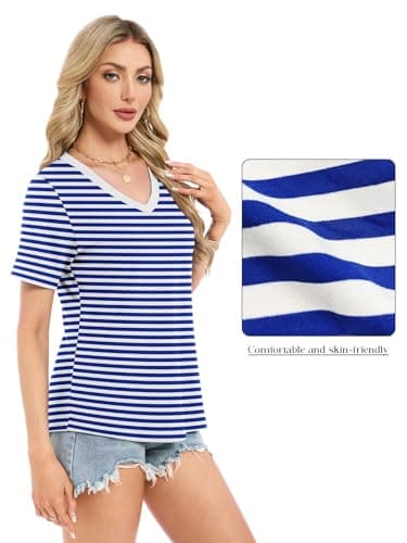 Womens Short Sleeve Tops T Shirts Summer T Shirts V Neck Blouses Plus Size Tunic Beach Vacation Boho Outfits, Blue/White Stripe M - Thumbnail 4