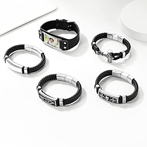 Bestyle Punk Mens Leather Skull Bracelets for Men Cool Stainless Steel Sketelon Cross Braided Leather Cuff Bracelets with Clasp Adjustable, Men Fashion Wrist Jewelry, Size 21-23cm - Thumbnail 6