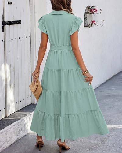 dowerme Women's Summer Casual Dresses 2026 Cap Ruffle Sleeve V Neck Button Belted Tiered Boho Maxi Dress with Pockets(Mint Green,Medium) - Thumbnail 5