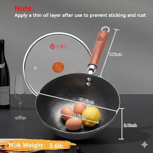 WANGYUANJI Cast Iron Wok Pan with Lid, 10.2 Inch Small Flat Bottom Stir Fry Skillet, Uncoated Traditional Chinese Iron Pot for 1-2 People, Compatible with Induction & Gas Stoves - Thumbnail 2