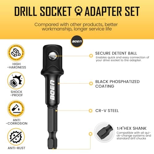 BOEN 6PCS Impact Universal Joint Sockets and Drill Adapters, 1/2" 1/4" 3/8" Drive Swivel Socket Set for Impact Wrench, CR-MO Steel Universal Joint Adapter Wobble with Storage Case - Thumbnail 5