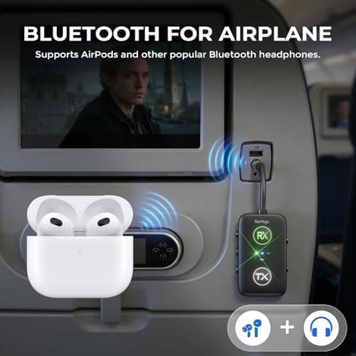 2025 Upgraded Airplane Bluetooth 5.4 Transmitter with Qualcomm Chipset, ElecMoga Airplane Travel Essentials Supports 2 AirPods or Headphones, 2-in-1 AUX Wireless Receiver for Gym, TV, Car, Audio - Thumbnail 2