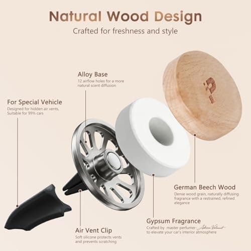 PERPOTAO Wooden Car Air Freshener Vent Clip, Refillable Essential Oil Diffuser with Long-Lasting Natural Scent, European Beech Wood & Metal Auto Deodorizer, Includes 2 Clips + 4 Plaster Refill Pads - Thumbnail 5