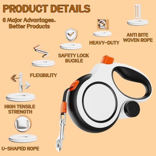 Dual Retractable Dog Leash 2 Large Dogs (Up to 110 Lbs Each), 2 Headed Pet Leash with Poop Bags, 16ft Extension, Non-Slip Grip, One-Button Break & Lock, 360-degree Tangle-Free (White, Large) - Thumbnail 3