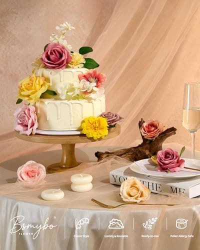 BSMYBO Artificial Flowers Combo Pink Yellow Silk Flowers Mix Fake Rose Peony Chrysanthemum with Stem for Wedding Bridal Bouquets Baby Shower Cake Floral Arrangement Table Centerpieces Home Decor - Thumbnail 4