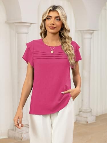 Funlingo Womens Dressy Casual Tops Summer Business Work Blouses Ruffle Short Sleeve Crew Neck Pleated Shirts Trendy Outfits 2026 Rose Red XL - Thumbnail 2