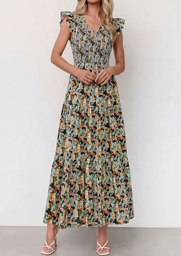 PRETTYGARDEN Women's Boho Floral Maxi Dress 2026 Summer Smocked V Neck Ruffle Sleeve Spring Flowy Beach Vacation Sundresses (Black,X-Large) - Thumbnail 2