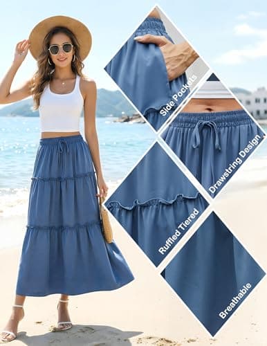 Aprolive Maxi Skirt for Women Elastic High Waist Floral Western Tiered Skirts Flowy Solid Smocked Midi Skirt Ruffle Beach Dresses (1-Gray Blue,Medium) - Thumbnail 6