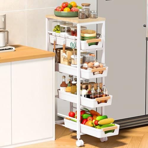 SUNALLY Slim Storage Cart with Pull-Out Baskets, 5-Tier Rolling Kitchen Cart with Wooden Top & Lockable Wheels, Narrow Space Utility Cart Organizer for Kitchen, Bathroom, Laundry Room, White - Image 1