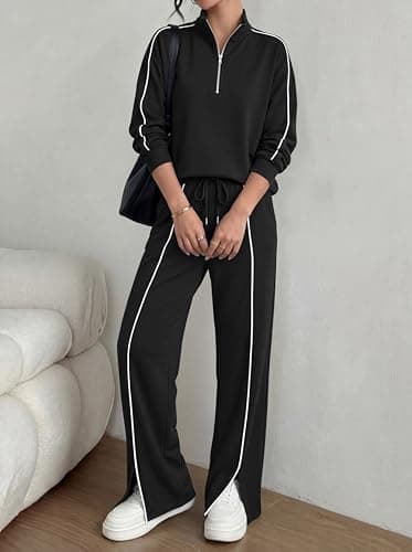 BTFBM Two Piece Sets for Women Fall Fashion 2026 Long Sleeve Half Zip Lounge Set Wide Leg Pants Vacation Airport Outfits (Black,Small) - Thumbnail 3