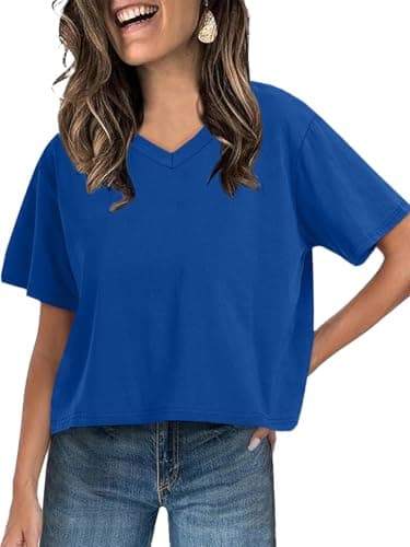 UNCLECAT Women Cropped T Shirts Casual Short Sleeve V Neck Crop Tops 2026 Summer Soft Loose Basic Tee Royal Blue - Image 1