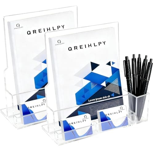 QREIHLPY Acrylic Brochure Holder 2 Pack, 8.5*11inch with Pen Holders & Business Card Slot, Clear Display Stand for Countertop, Suitable for Pamphle, Magazines, Menus, Trifold Booklets - Image 1