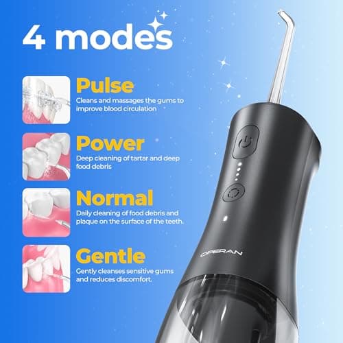 Operan 300ml Cordless Water Dental Flosser, Portable Water Flossers for Teeth, 4 Pulse Modes IPX7 Waterproof Oral Irrigator with 4 Tips, 21 Days Runtime for Travel, Home, Braces, Gum Care, Black+1Pack - Thumbnail 3