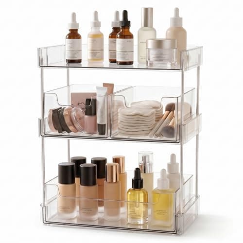 JessLab Clear Makeup Organizer, 3-Tier Vanity Storage with Removable Drawers, Large Capacity Cosmetic Rack for Tall Bottles, Perfume, Lipstick, Bathroom Countertop - Image 1