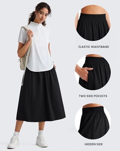 G4Free Midi Skirts for Women Casual Workout Pleated Flared Elastic High Waist Flowy Long Skirt with Pockets Midi Length Lightweight(Black,S) - Thumbnail 4