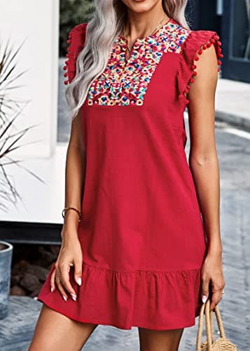 KIRUNDO Women's 2026 Summer Mini Dress Spring Casual V Neck Floral Embroidered Ruffle Sleeveless Shift Flowy Boho Dress (B-Red, Small) - Thumbnail 2