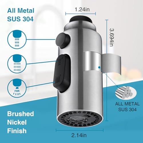 Metal Kitchen Faucet Head Replacement, 3-Function Pull Down Spray Head for Kitchen Faucet, High Pressure Sink Spray Nozzle with 9 Adapters Compatible with Most Faucets, Brushed Nickel - Thumbnail 3