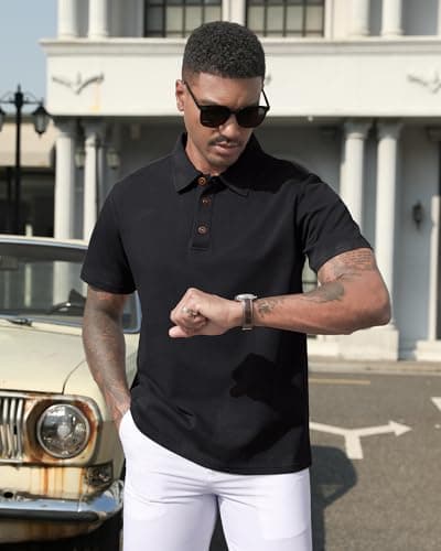 KUYIGO Men's Cotton Polo Shirts Short Sleeve Casual Summer Vintage Washed Shirt Classic Collared Shirt Black L - Thumbnail 3