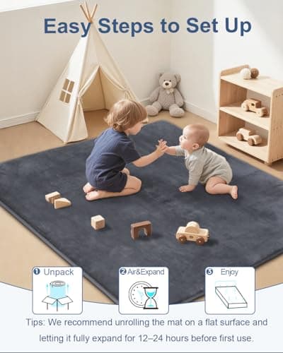 Thick Baby Play Mat for Floor,59 x 71 Playpen Mat,Large Tummy Time Foam Mats,Soft Surface & Plush Feel Nursery Rug,Easy Care with Non-Slip Cushioned for Infant,Kids and Toddler Crawling,Dark Grey - Thumbnail 6
