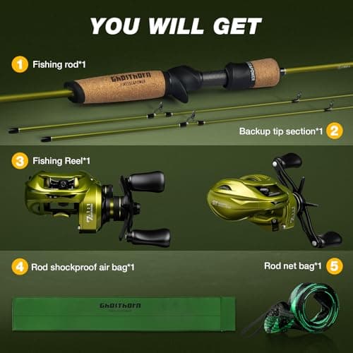 Ghosthorn Fishing Rod and Reel Combo, Spinning & Casting Fishing Pole Baitcaster Combo 2-Piece Rod with Natural Cork Handle Ceramic Rings for Men Women（6'0" Right Handed） - Thumbnail 5