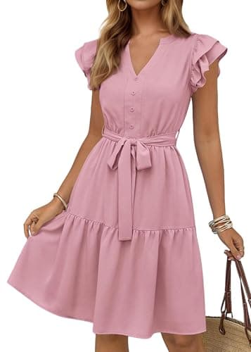 KIRUNDO Summer Dresses for Women 2026 Spring Flutter Sleeve V Neck Ruffle Flowy Tiered Knee Length Beach Vacation Sundress(Pink, XX-Large) - Image 1