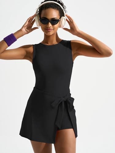 Dokuritu Athletic Dress for Women Sleeveless High Neck Golf Tennis Dresses Built in Shorts Backless Wrap Sports Workout Rompers Black - Thumbnail 5